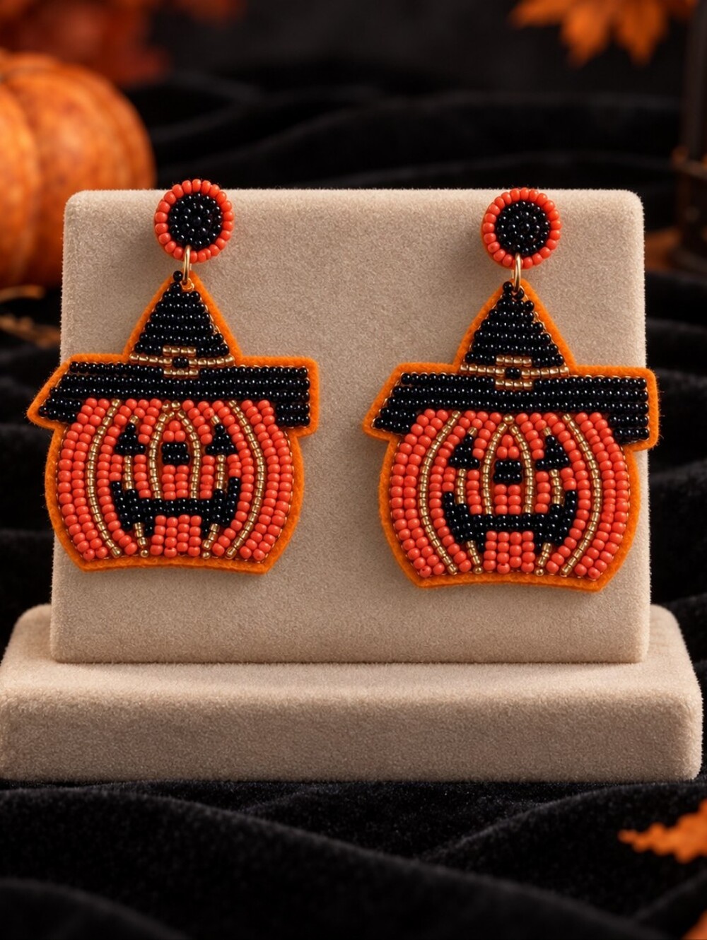 Halloween Pumpkin Beaded Drop Earrings - Orange & Black